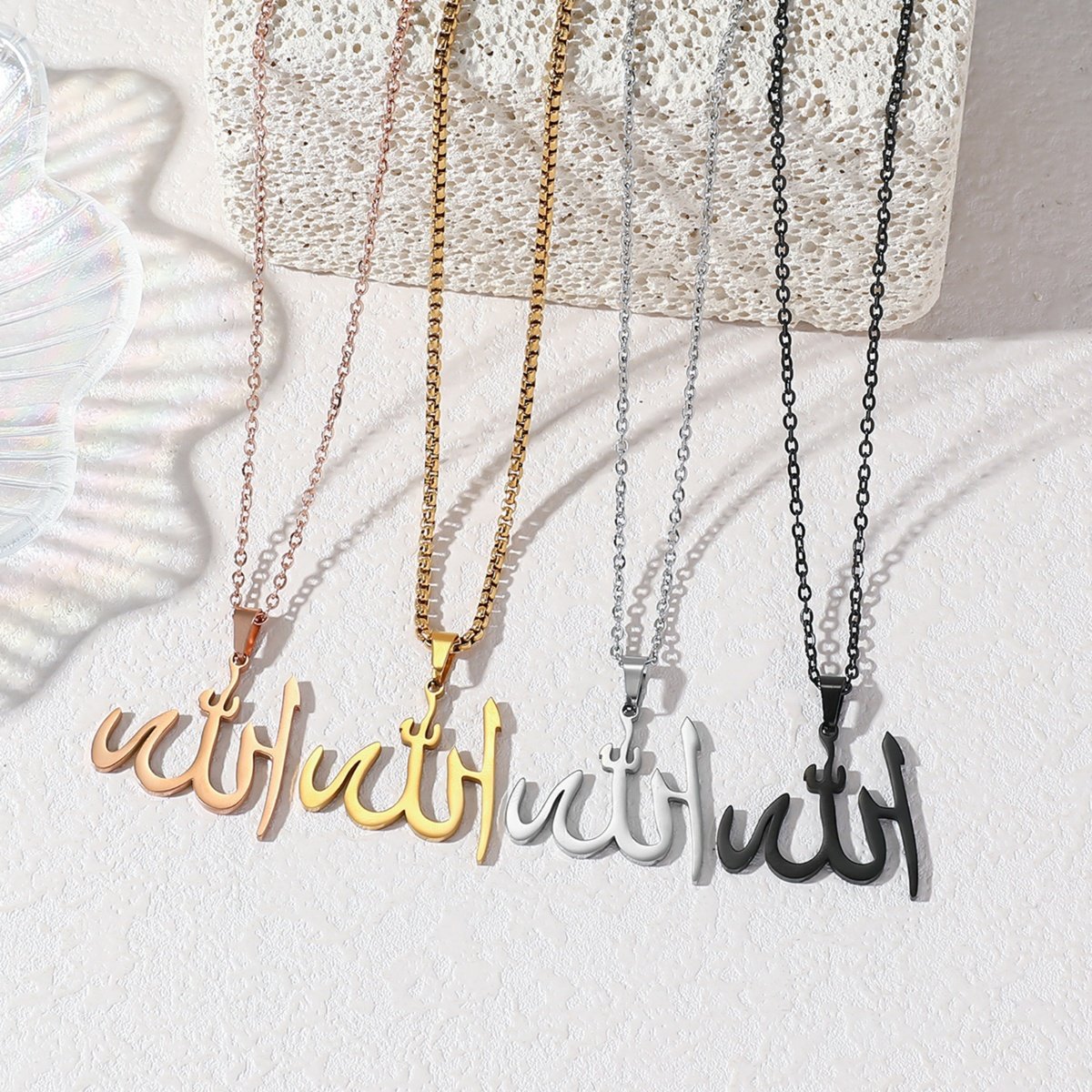 Allah Necklace Pendant – Black Stainless Steel with Pearl Chain — image 4