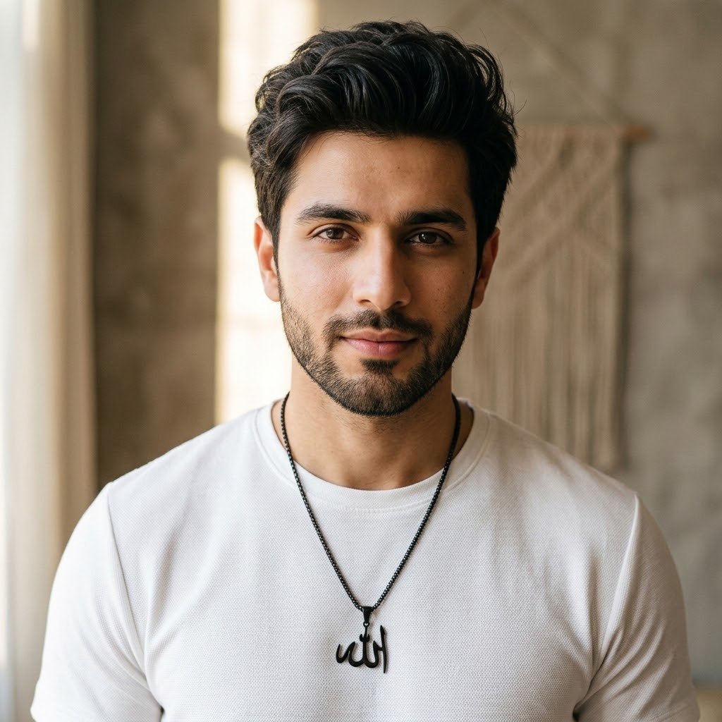 Allah Necklace Pendant – Black Stainless Steel with Pearl Chain — image 5