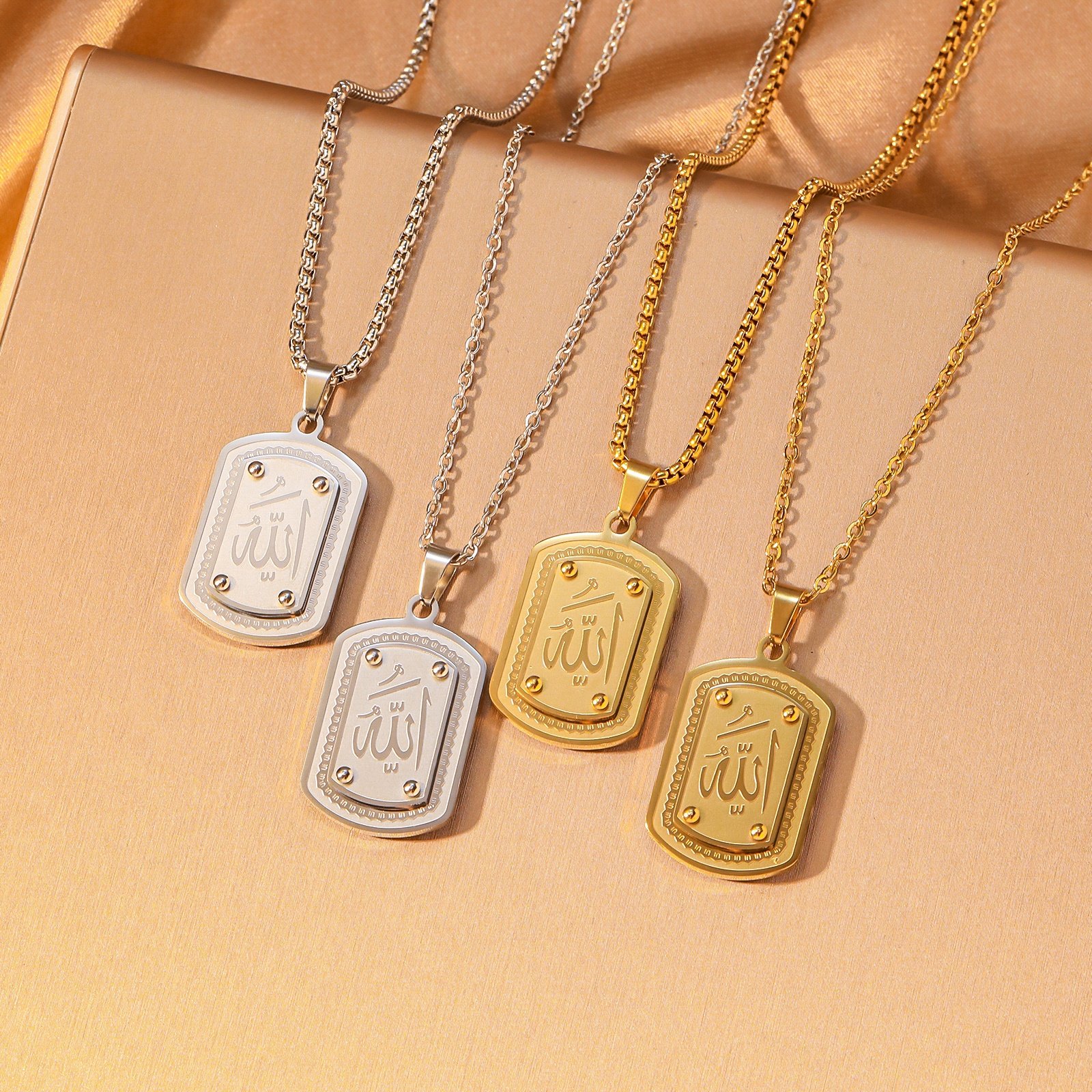 Allah Necklace Pendant – Gold Stainless Steel with Pearl Style Chain — image 3