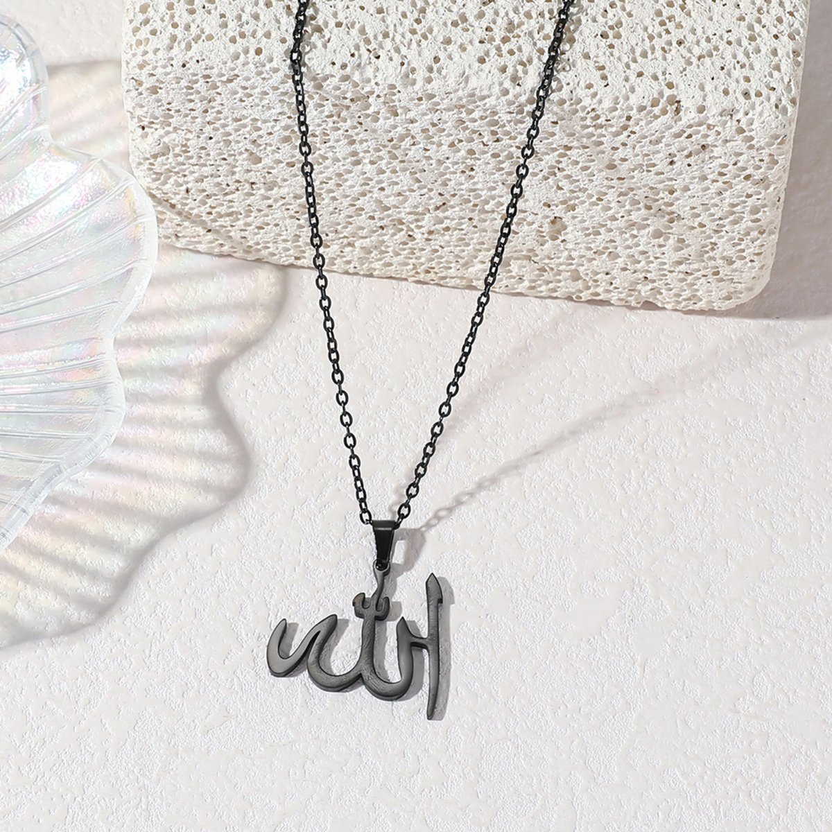 Allah Necklace Pendant – Gold Stainless Steel with Pearl Style Chain — image 3