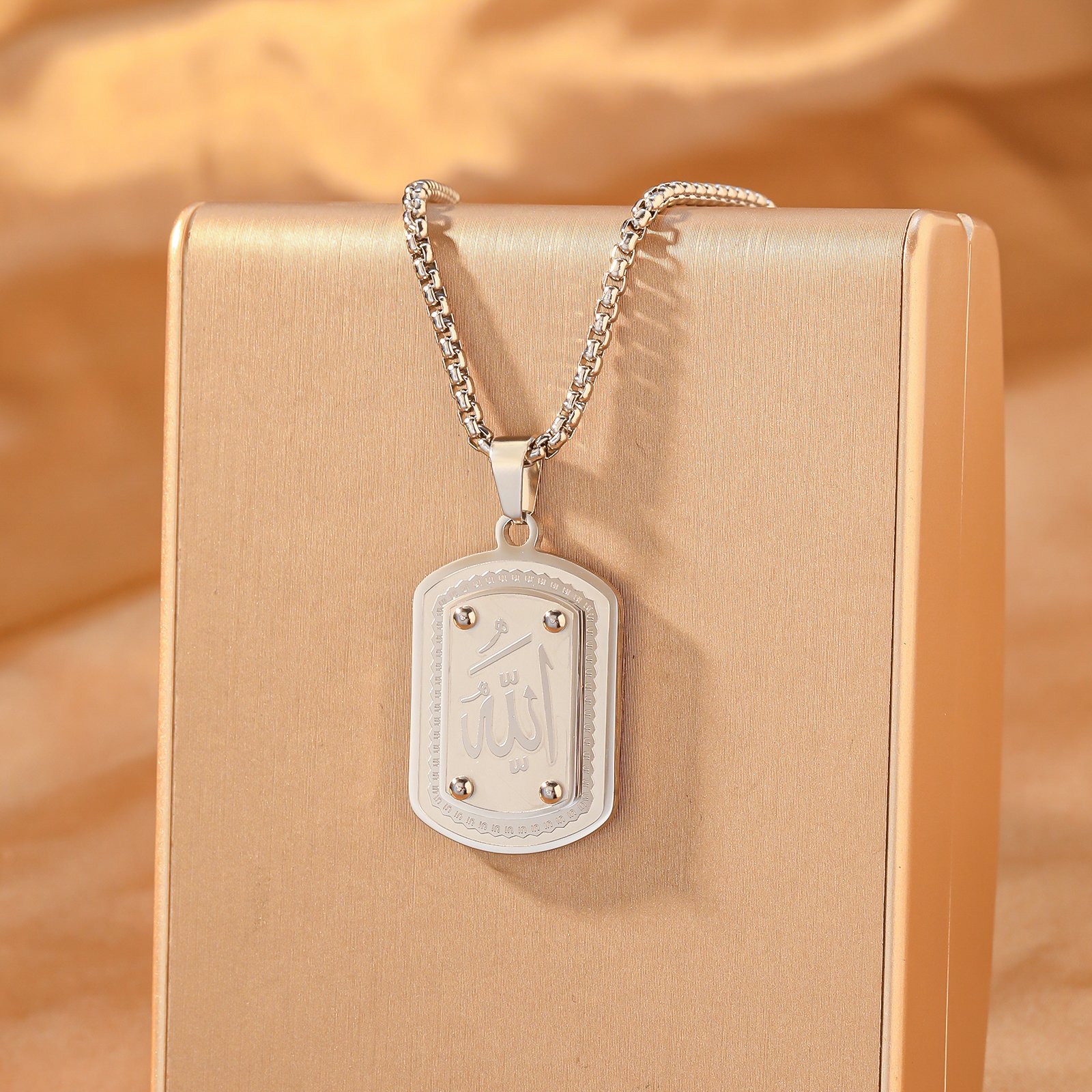 Allah Necklace Pendant – Silver Stainless Steel with Pearl Style Chain