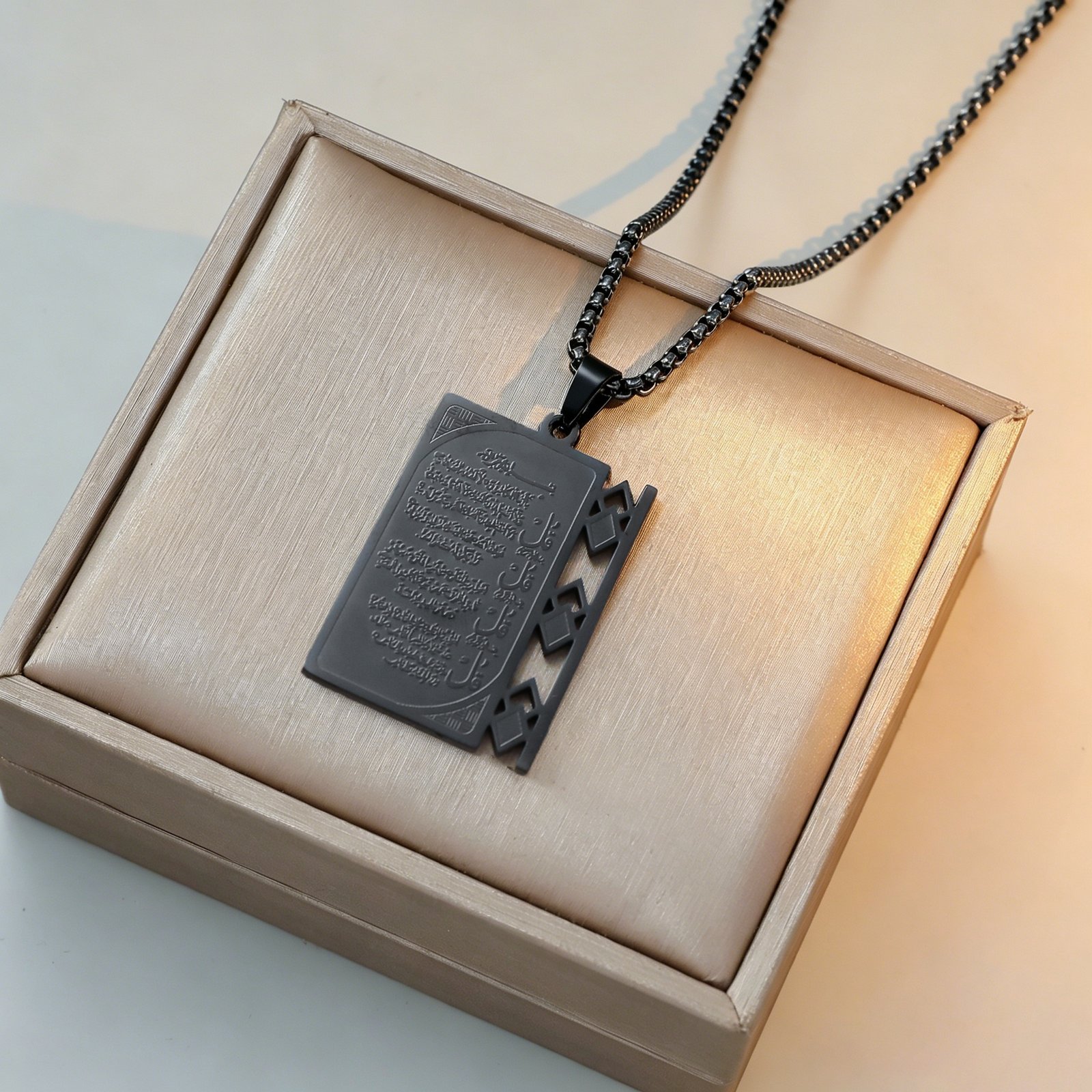 Four Qul Necklace Pendant – Black Stainless Steel with Pearl Chain