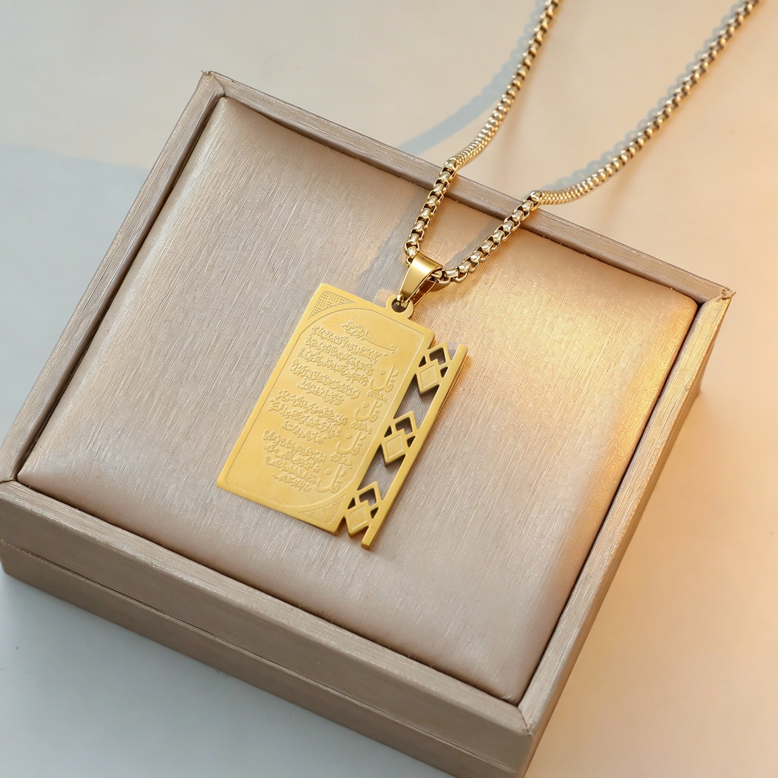 Four Qul Necklace Pendant – Golden Stainless Steel with Pearl Chain