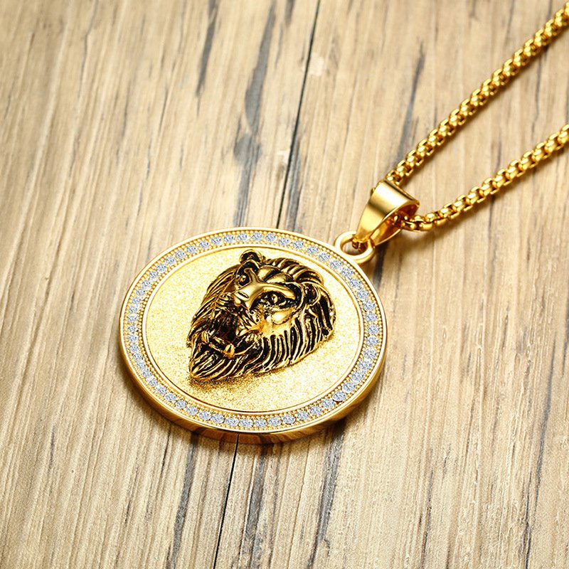 Lion Head - Gold Men Pendant with Chain