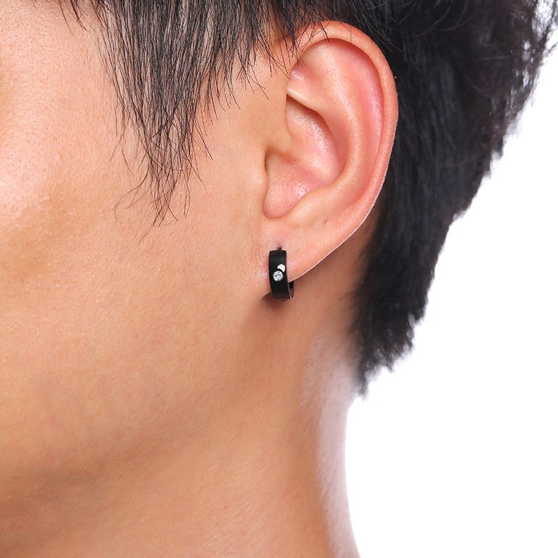 Round Edge Men Earring Black Mini Hoop Sterling Stone