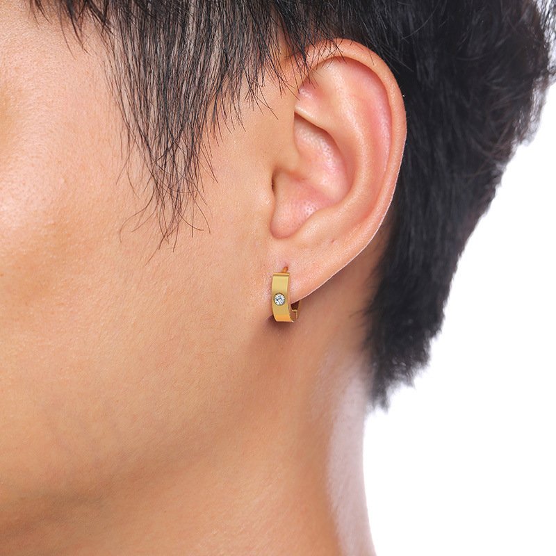 Round Edge Men Earring Golden Mini Hoop Sterling Stone — image 3