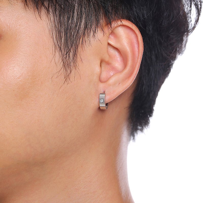 Round Edge Men Earring Silver Mini Hoop Sterling Stone — image 4