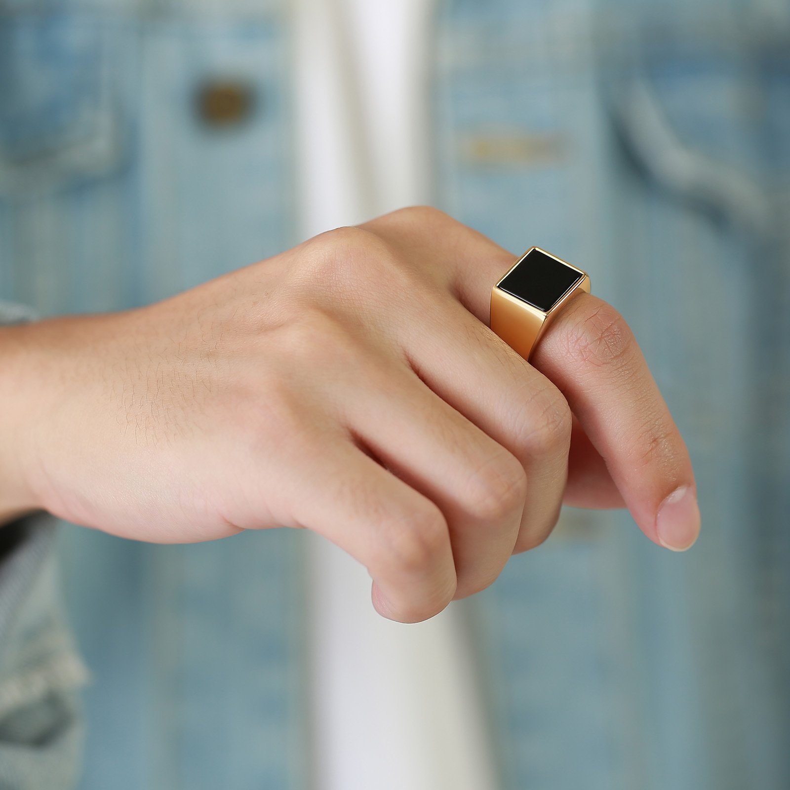 WMR-152 - Black Stone - Gold Stainless Steel Men Ring — image 5