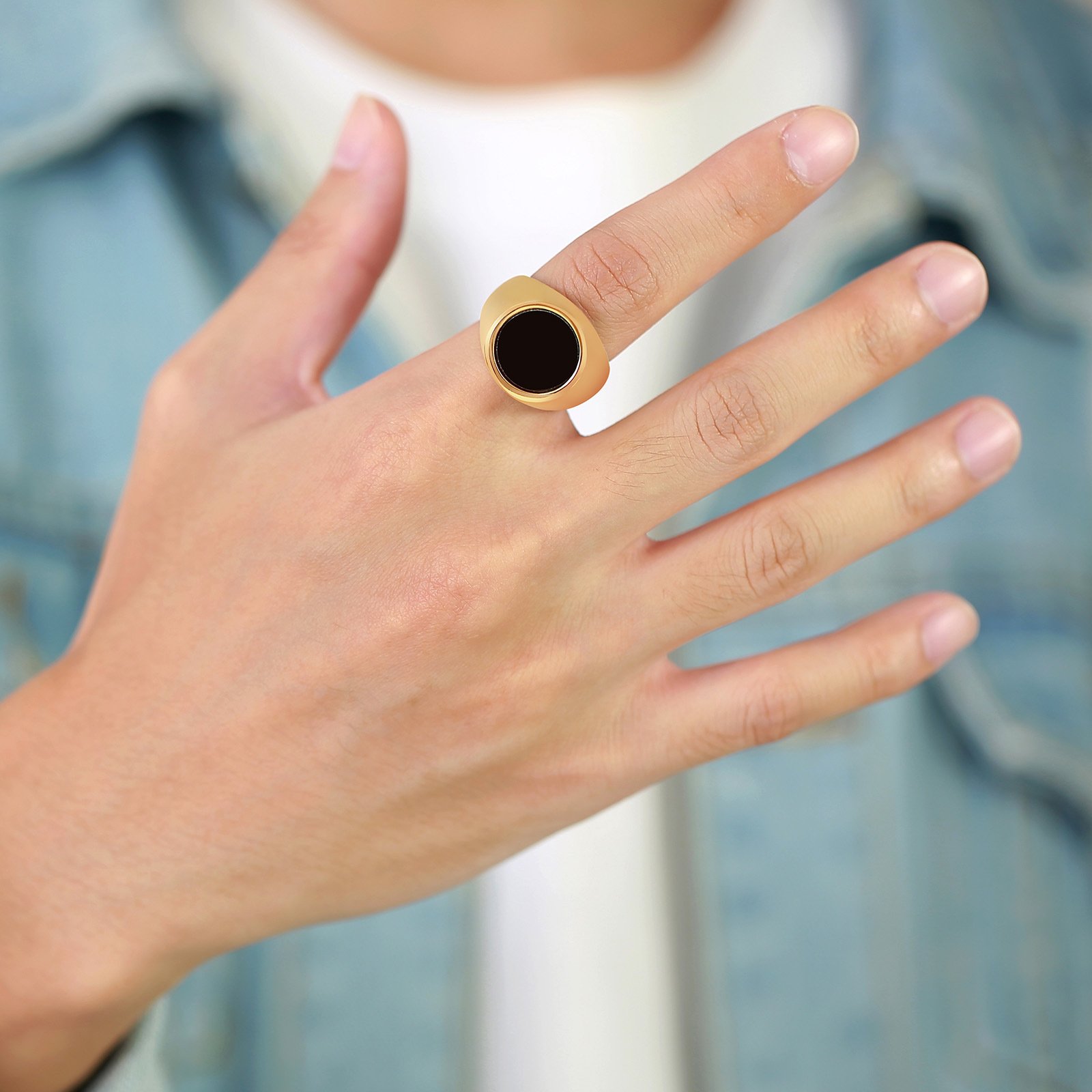 WMR-153 - Black Stone - Gold Stainless Steel Men Ring