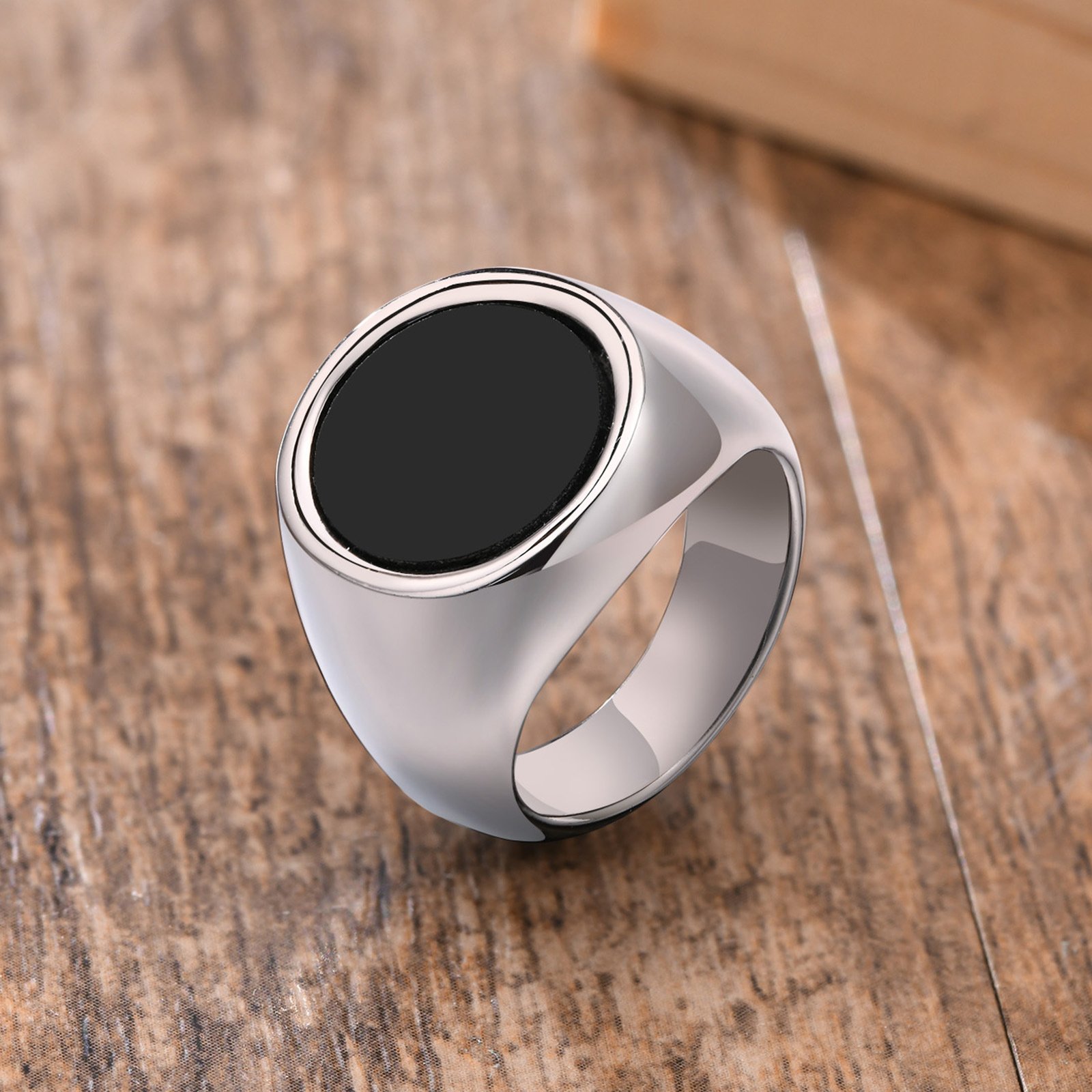 WMR-153 - Black Stone - Silver Stainless Steel Men Ring