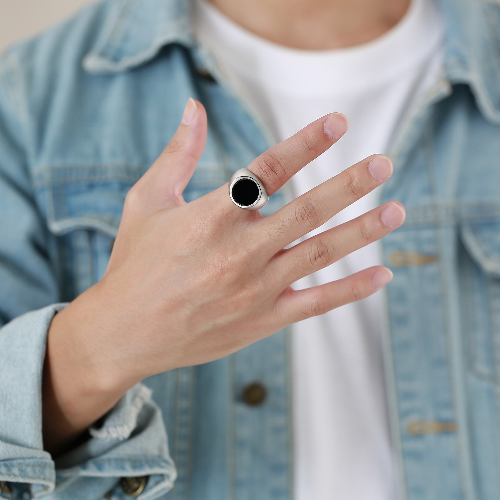 WMR-153 - Black Stone - Silver Stainless Steel Men Ring