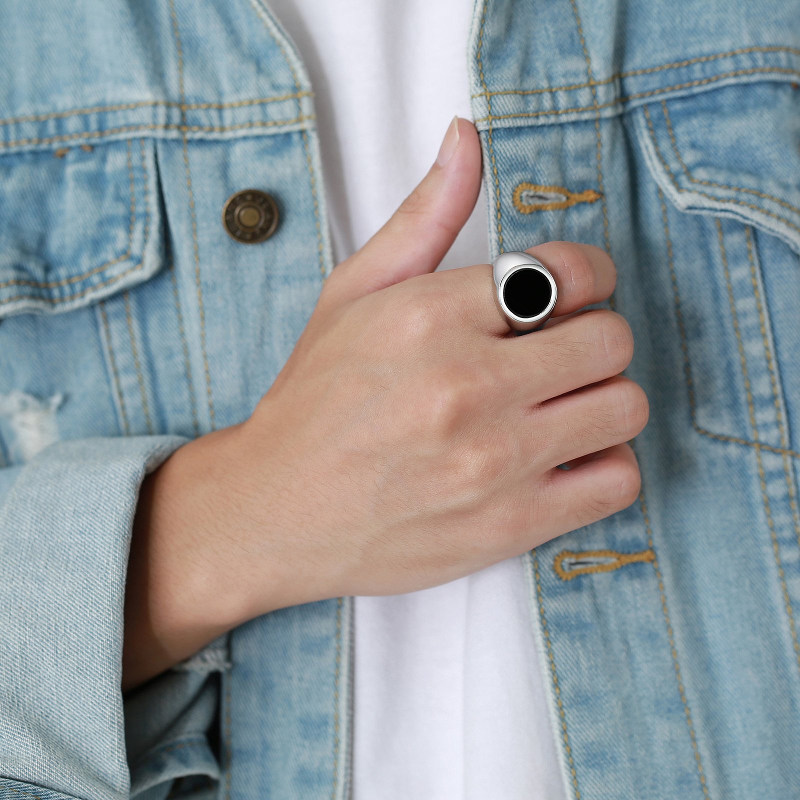WMR-153 - Black Stone - Silver Stainless Steel Men Ring — image 5