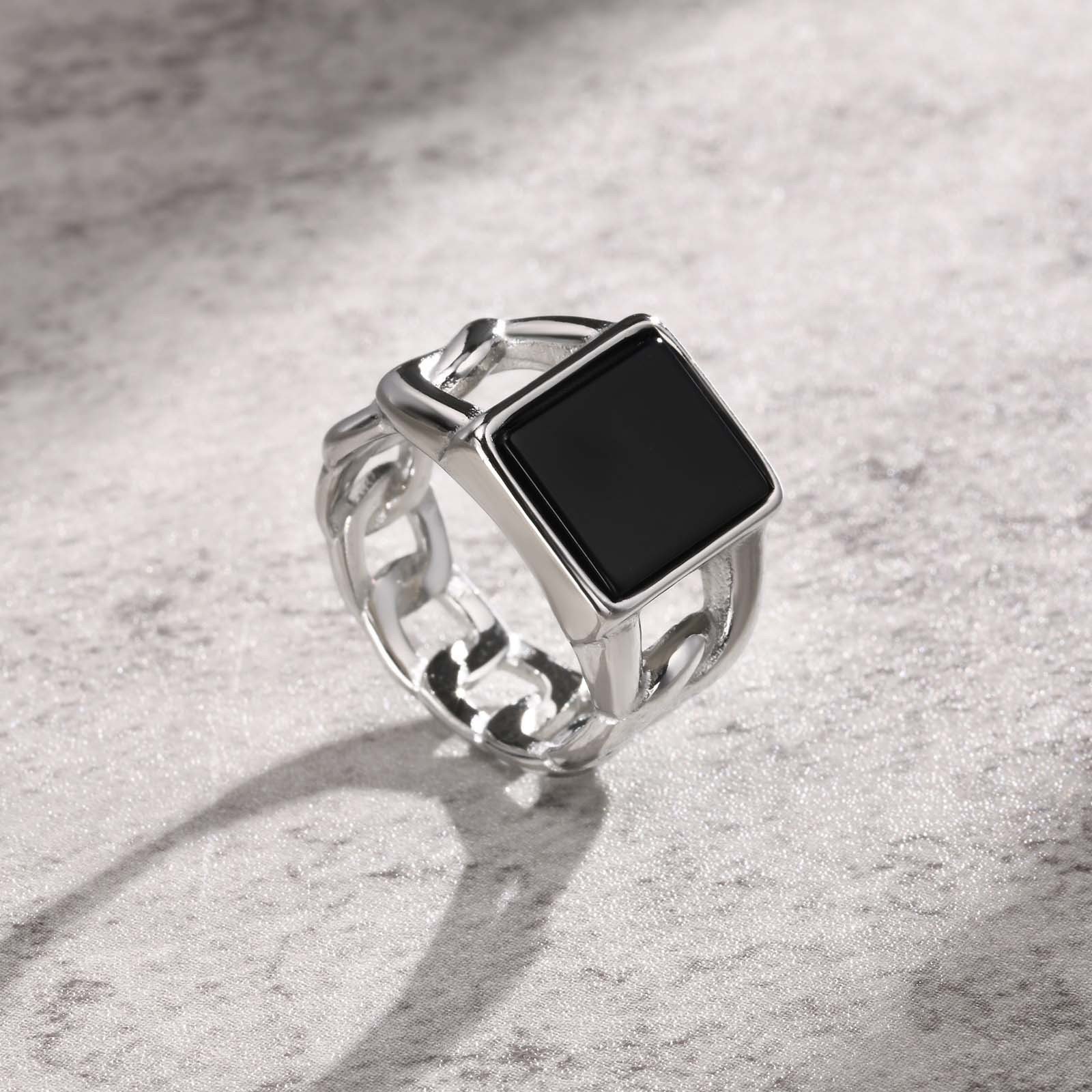 WMR-168 - Back Stone - Silver Stainless Steel Men Ring