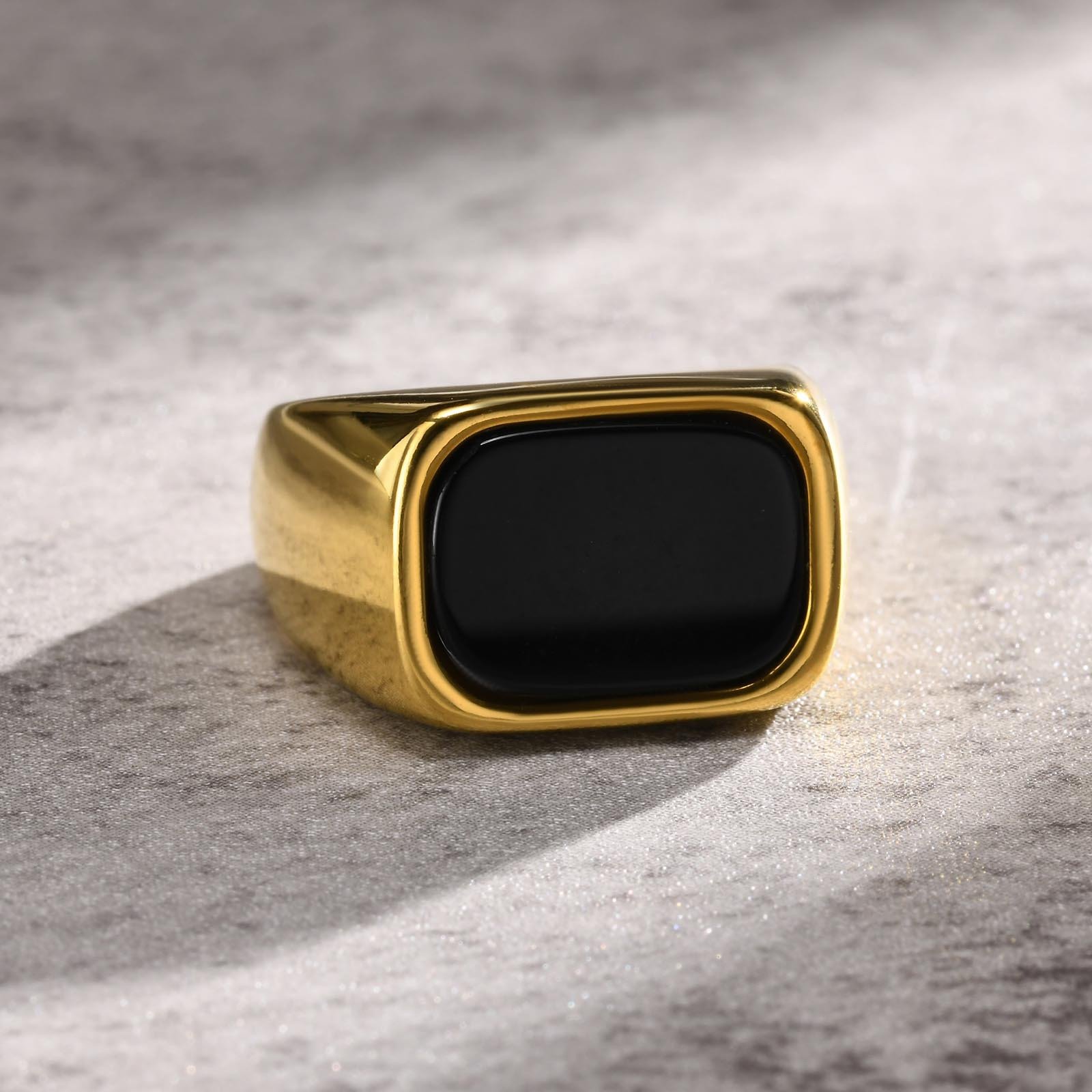 WMR-170 - Black Stone - Golden Stainless Steel Men Ring