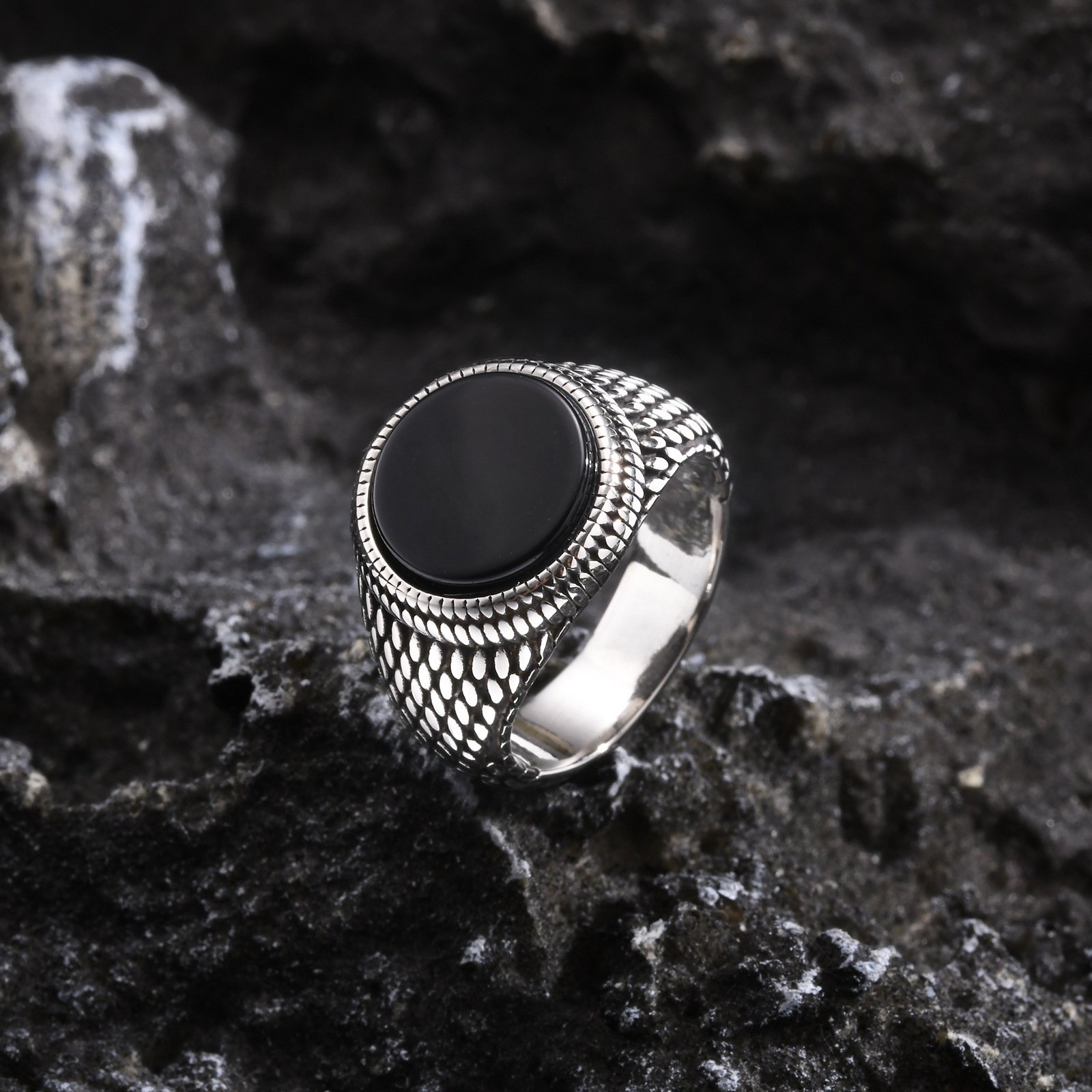 WMR-171 - Black Stone - Silver Stainless Steel Men Ring
