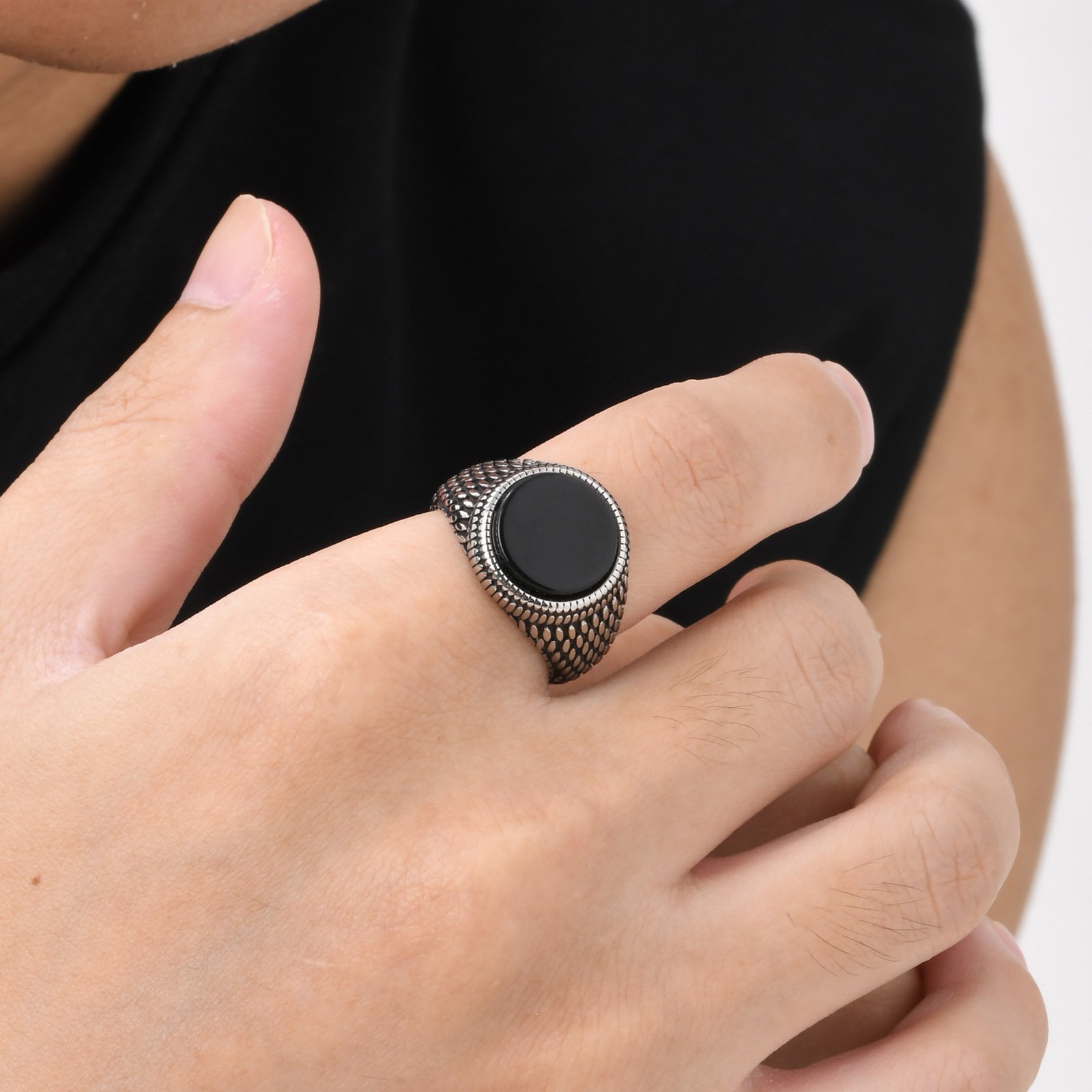 WMR-171 - Black Stone - Silver Stainless Steel Men Ring