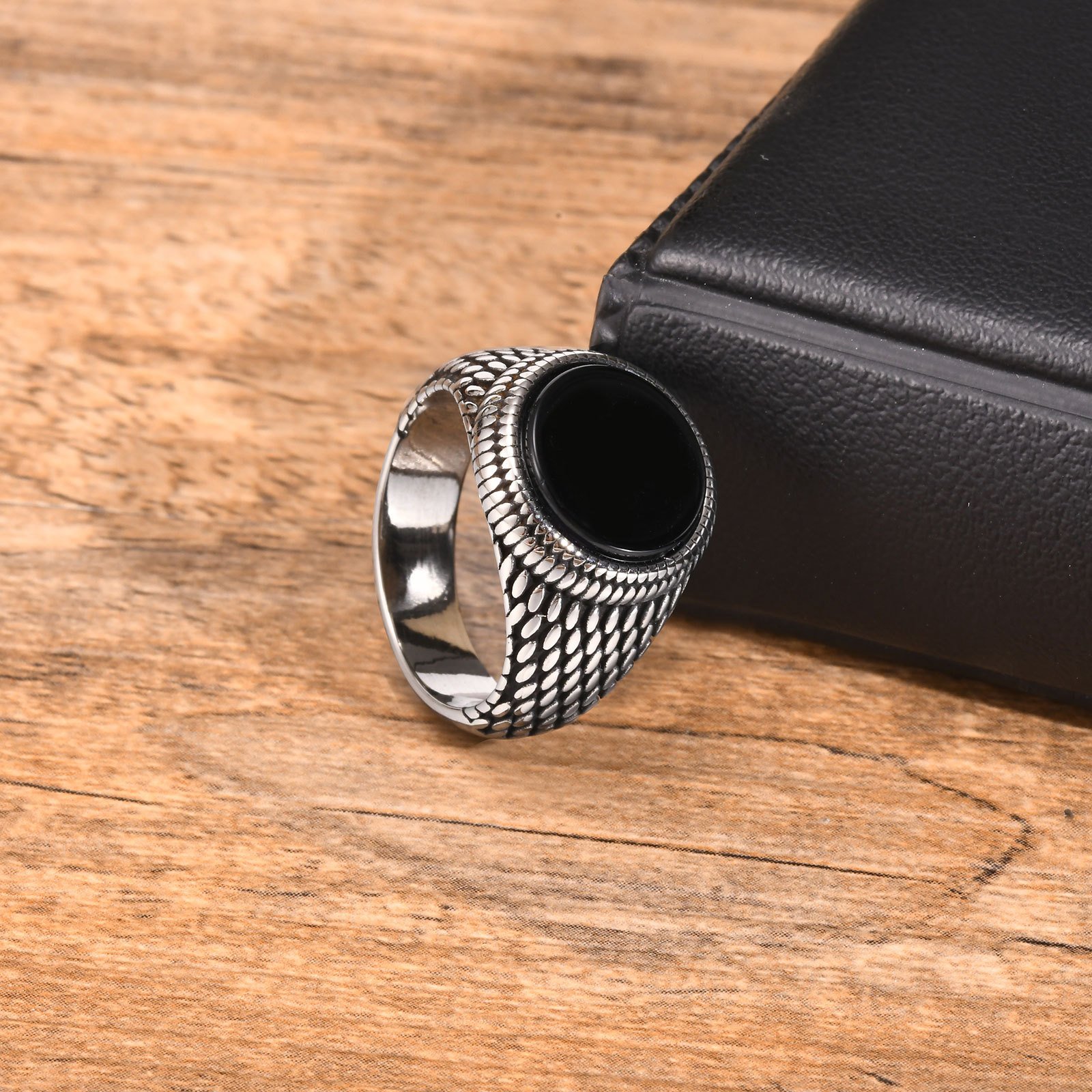 WMR-171 - Black Stone - Silver Stainless Steel Men Ring — image 3