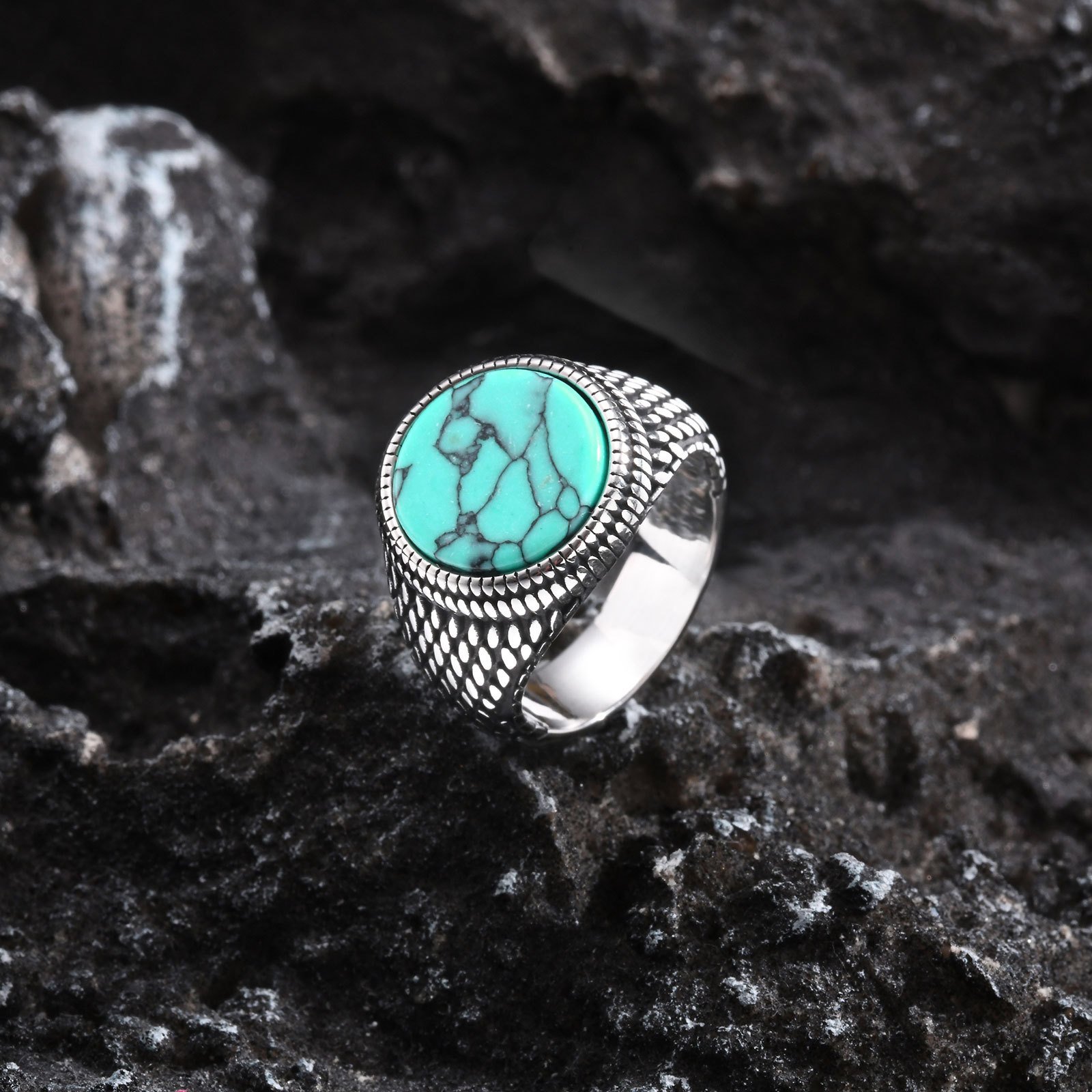 WMR-171 - Tourquise Stone - Silver Stainless Steel Men Ring
