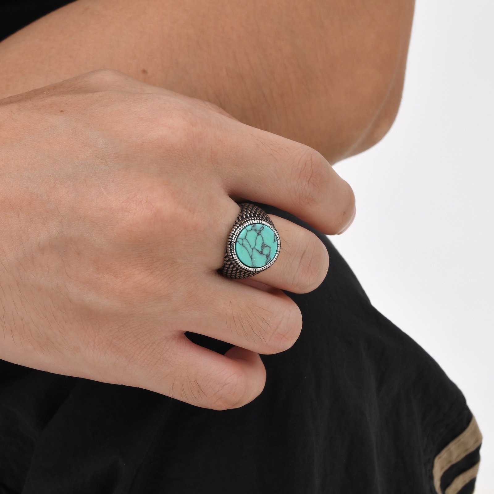 WMR-171 - Tourquise Stone - Silver Stainless Steel Men Ring