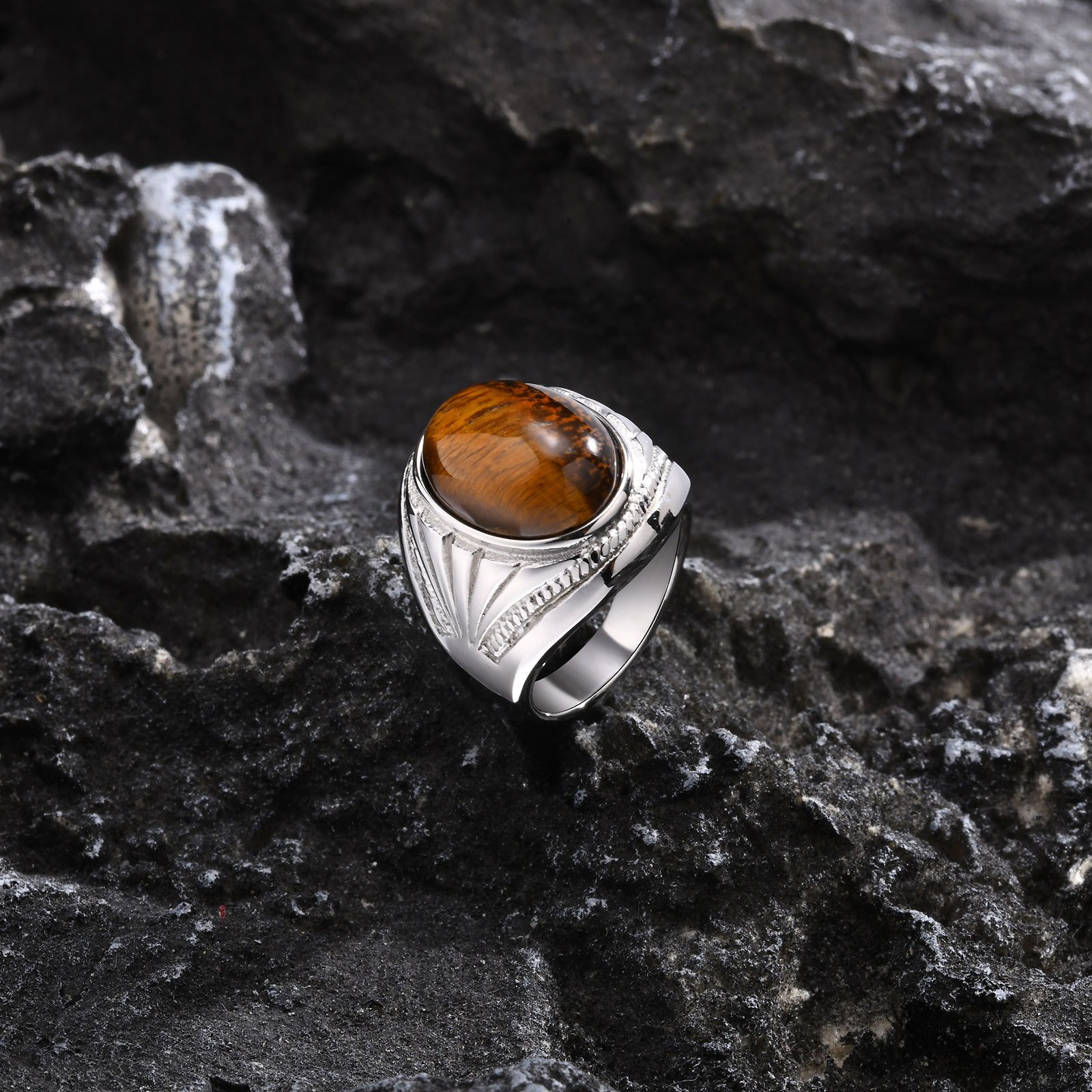 WMR-172 - Tiger Eye Stone - Silver Stainless Steel Men Ring