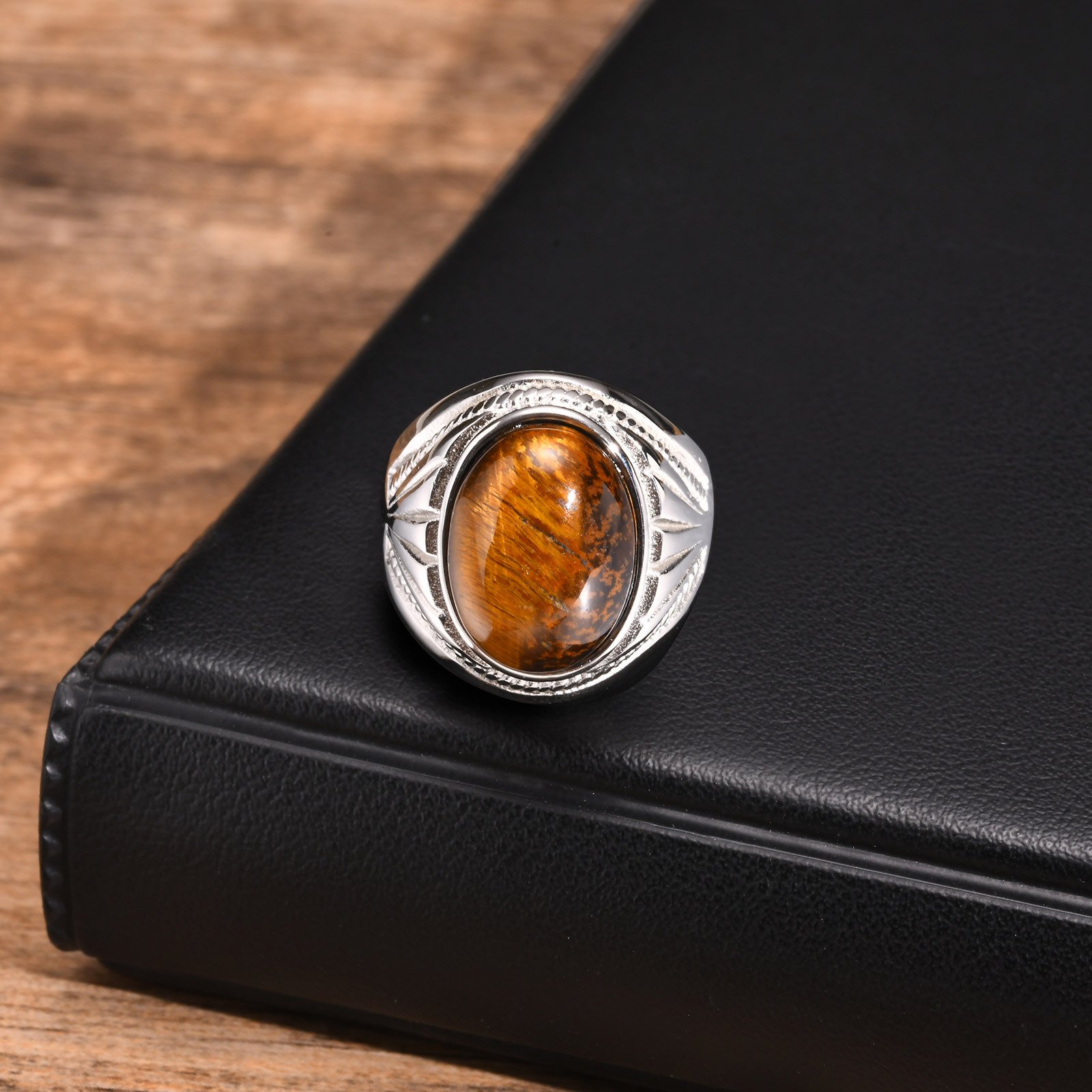 WMR-172 - Tiger Eye Stone - Silver Stainless Steel Men Ring
