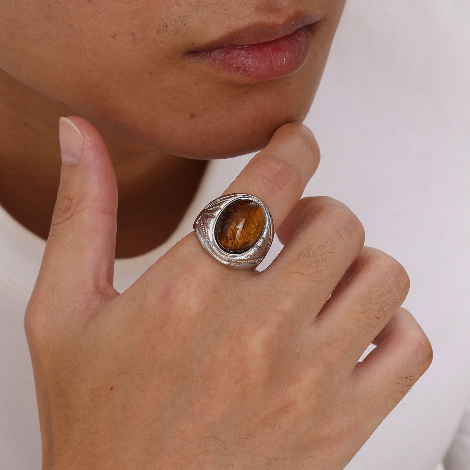 WMR-172 - Tiger Eye Stone - Silver Stainless Steel Men Ring — image 3