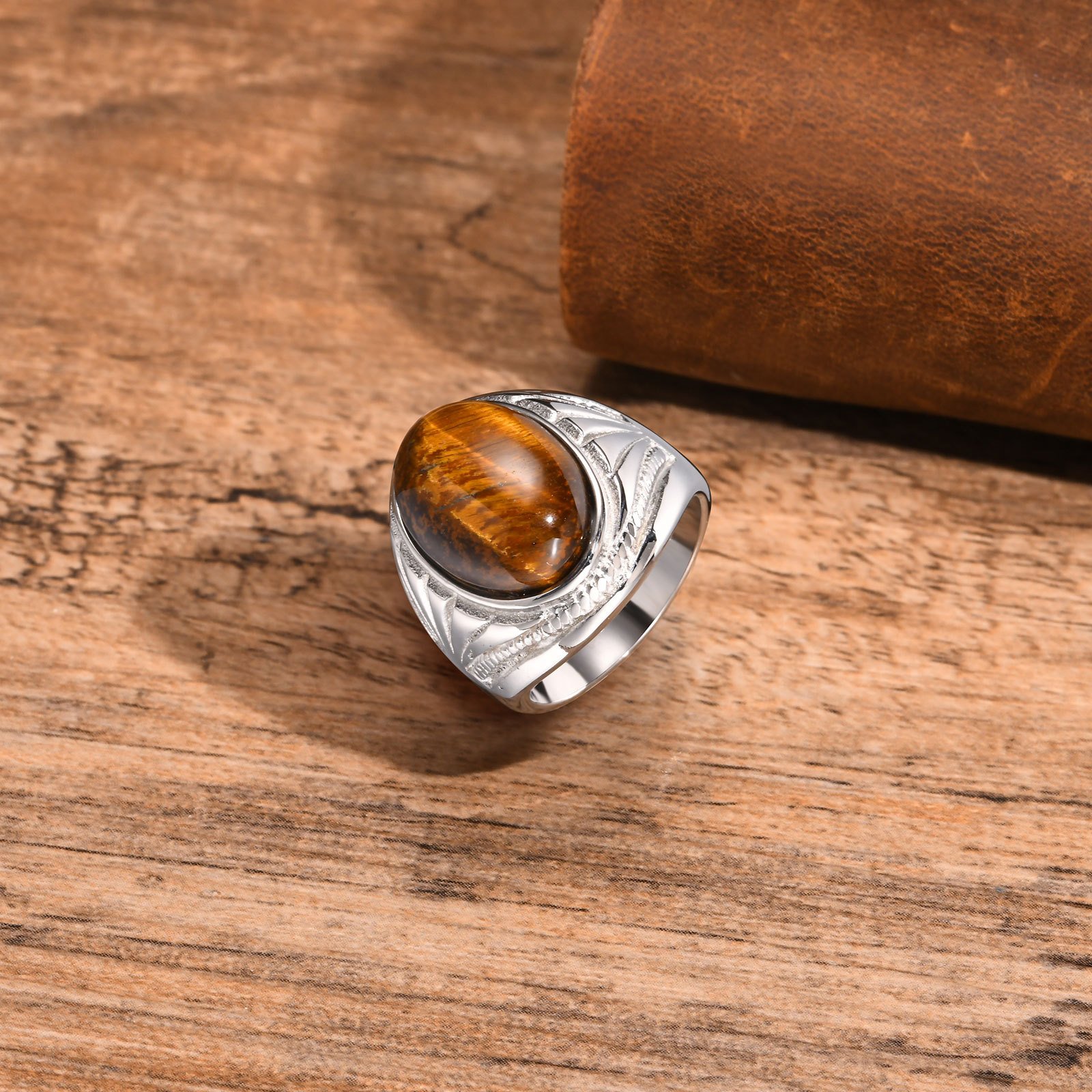 WMR-172 - Tiger Eye Stone - Silver Stainless Steel Men Ring — image 4