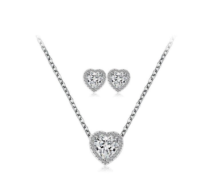 WS203 - White Heart Shaped Pendant and Earring Set For Women