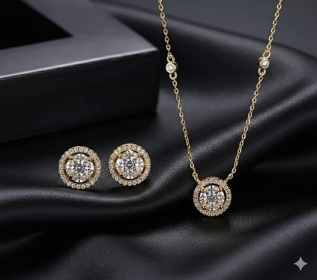 WS222 - Golden Pendant and Earring Set for Women