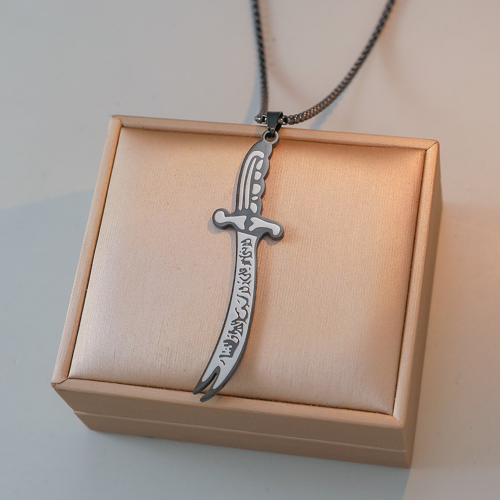 Zulfiqar Necklace Pendant – Black Stainless Steel with Pearl Chain