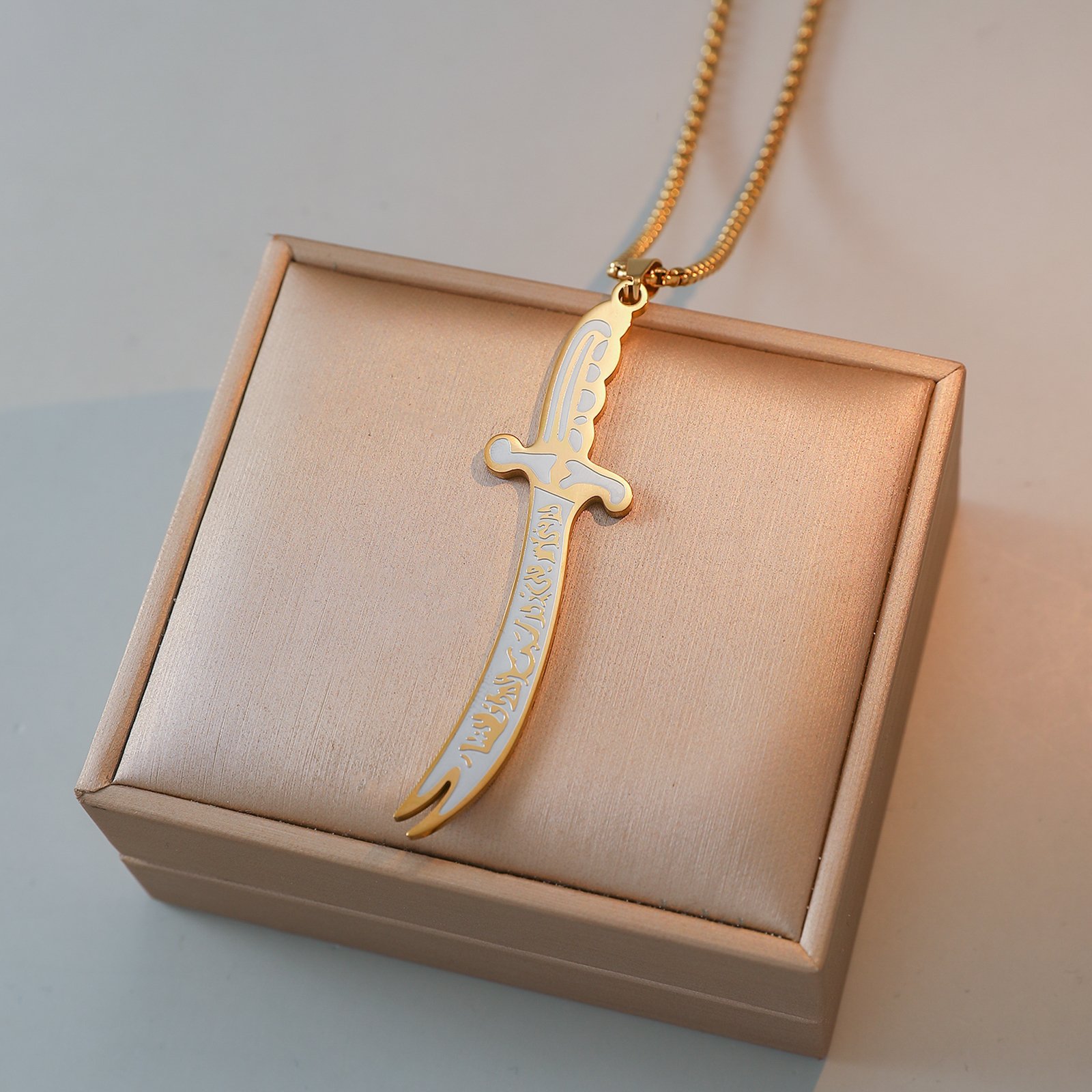 Zulfiqar Necklace Pendant – Golden Stainless Steel with Pearl Chain